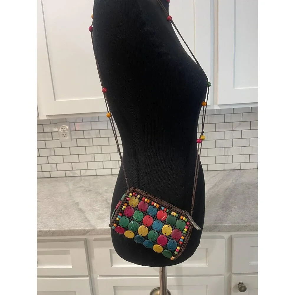 Beaded Crossbody Bag Womens Mini Multicolor Wood‎ Disc Puerto Rico Boho Flower